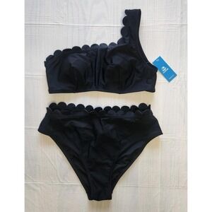 CUPSHE Women's sz Medium bikini set one shoulder scalloped wide strap hook black